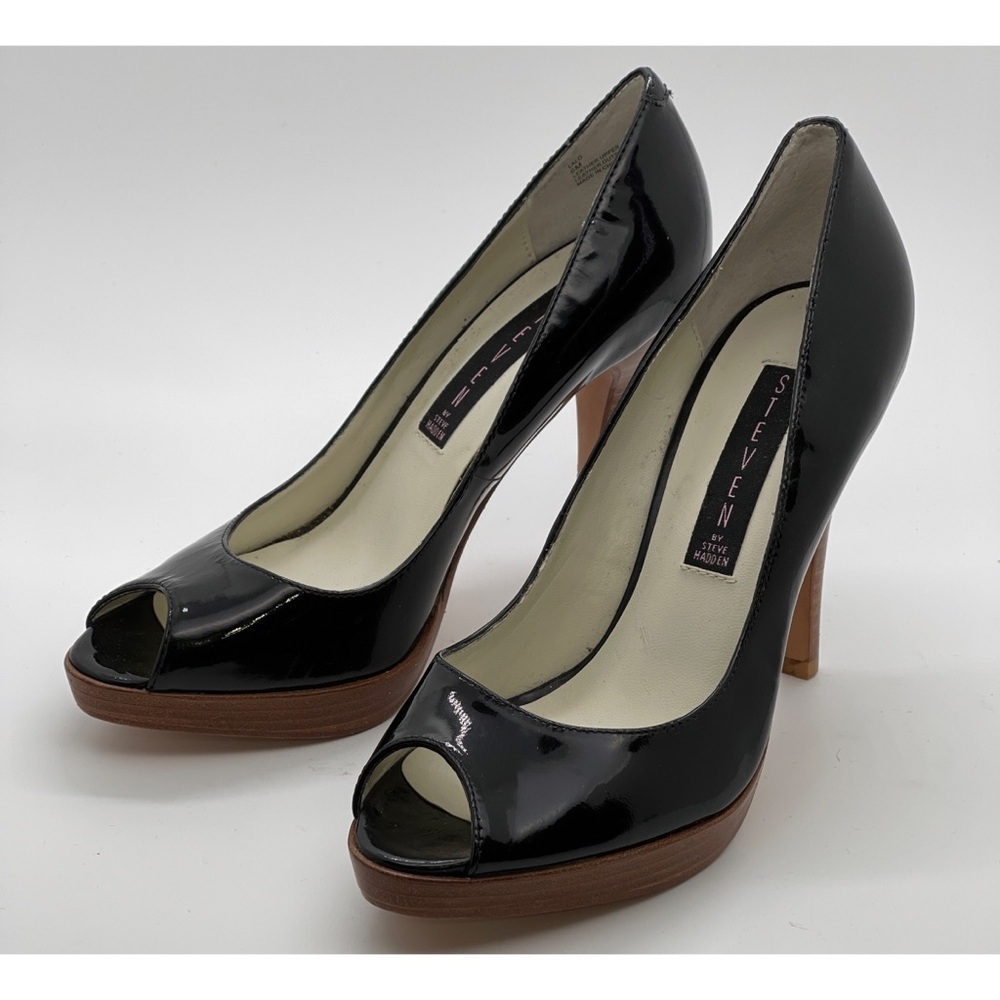 Steven by Steve Madden “Lalo” Peep Toe Black Patent Leather Heels Size 6M - Picture 2 of 7